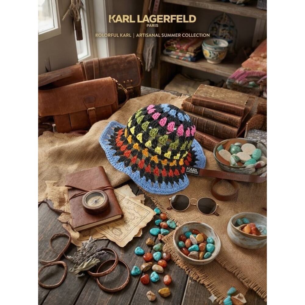 Karl Lagerfeld Paris Striped Bucket Hat | Multicolor Crochet Straw